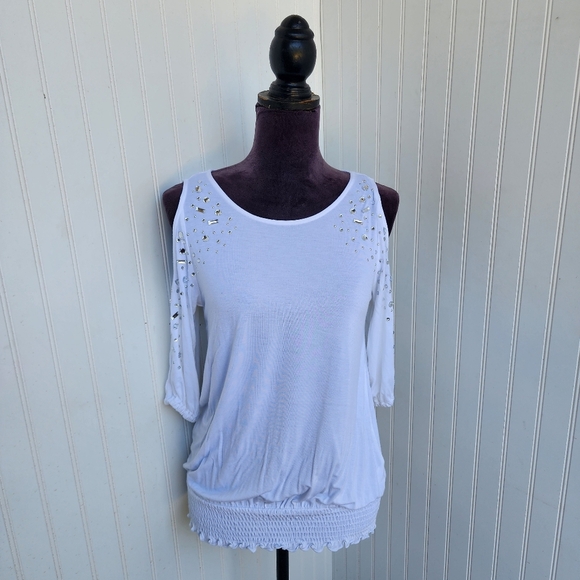Inc International Concepts Women Deep White Embellished Cold-Shoulder Top PP XS - Picture 1 of 9